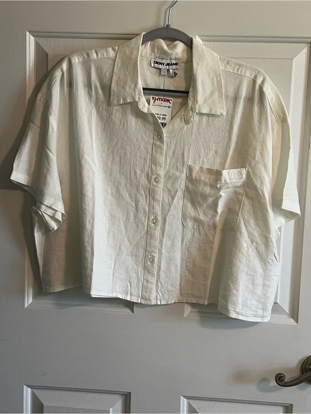 DKNY White Cropped Button-Up Shirt Oversized Large